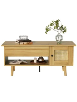 Couchtisch in Braun mit anhebbarer Platte und Rattantüren Stauraum Funktion