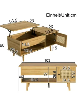 Couchtisch in Braun mit anhebbarer Platte und Rattantüren Stauraum Funktion