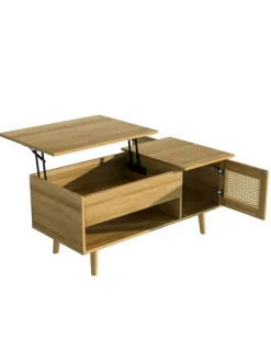 Couchtisch in Braun mit anhebbarer Platte und Rattantüren Stauraum Funktion