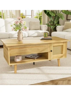 Couchtisch in Braun mit anhebbarer Platte und Rattantüren Stauraum Funktion