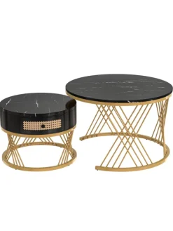 Couchtisch in Schwarz 2-in-1 set mit Marmorplatte Ø70/50 cm, H 45/38cm