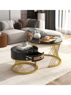 Couchtisch in Schwarz 2-in-1 set mit Marmorplatte Ø70/50 cm, H 45/38cm