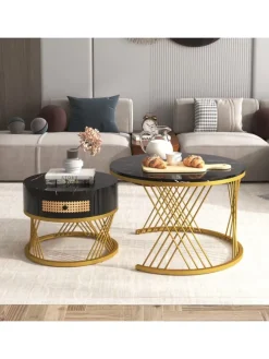 Couchtisch in Schwarz 2-in-1 set mit Marmorplatte Ø70/50 cm, H 45/38cm