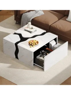 Couchtisch mit Schublade in Weiß, Würfelform & Marmoroptik