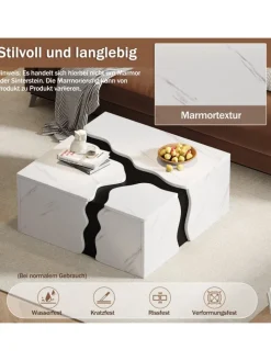 Couchtisch mit Schublade in Weiß, Würfelform & Marmoroptik