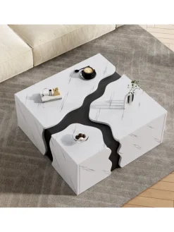 Couchtisch mit Schublade in Weiß, Würfelform & Marmoroptik