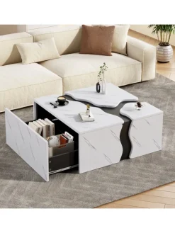 Couchtisch mit Schublade in Weiß, Würfelform & Marmoroptik