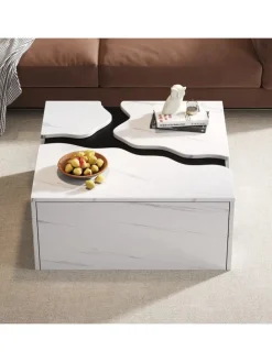 Couchtisch mit Schublade in Weiß, Würfelform & Marmoroptik