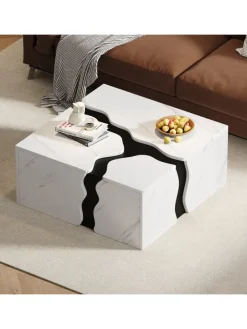 Couchtisch mit Schublade in Weiß, Würfelform & Marmoroptik