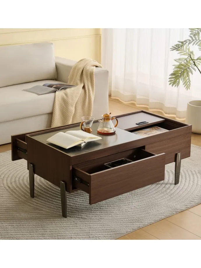 Couchtisch mit Schubladen & Glasplatte in Dunkelbraun