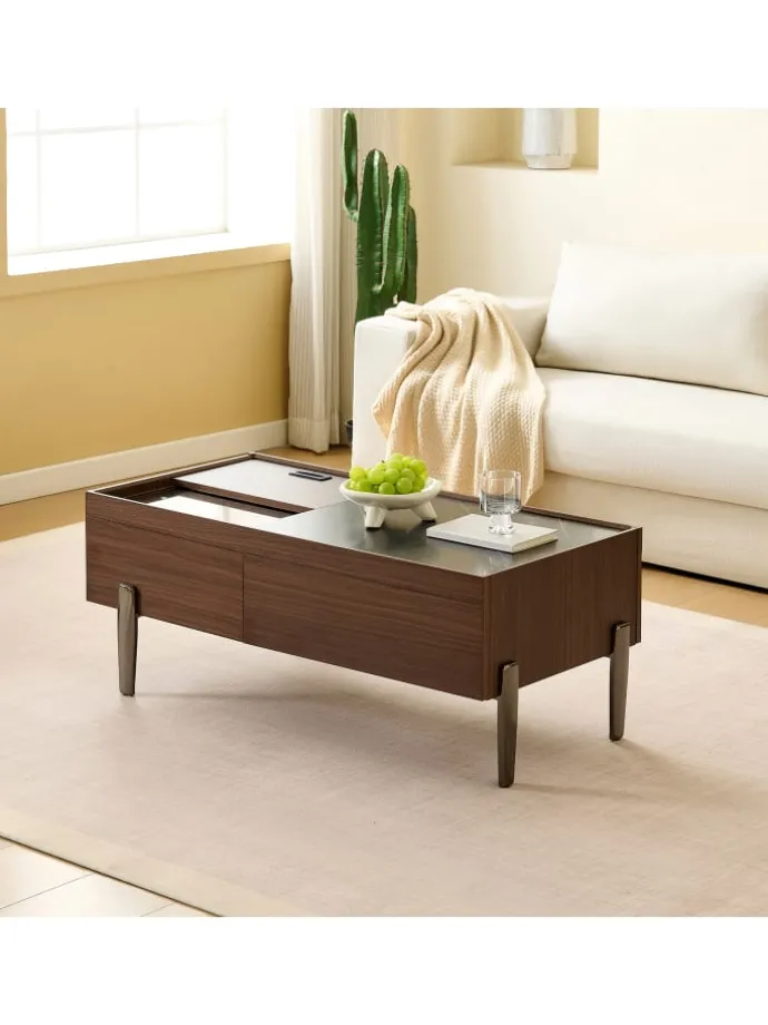 Couchtisch mit Schubladen & Glasplatte in Dunkelbraun