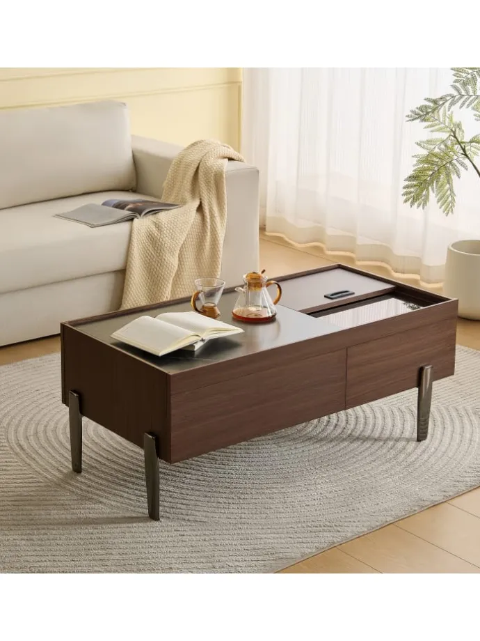 Couchtisch mit Schubladen & Glasplatte in Dunkelbraun