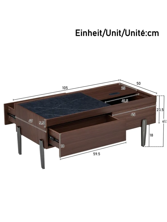 Couchtisch mit Schubladen & Glasplatte in Dunkelbraun