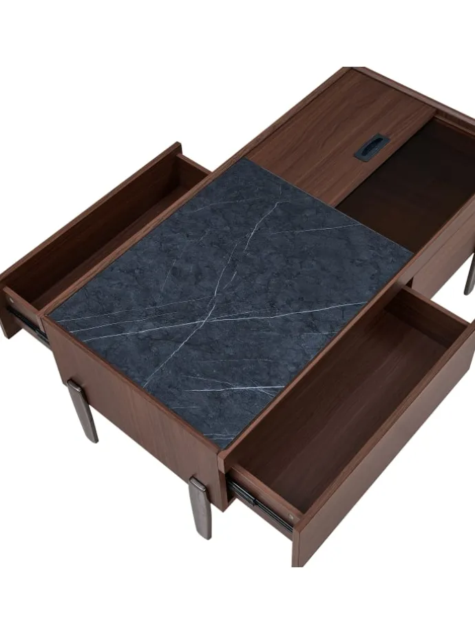 Couchtisch mit Schubladen & Glasplatte in Dunkelbraun