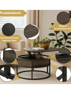 Couchtisch Swing aus Metall mit verstellbarer Holz Tischplatte in Grau