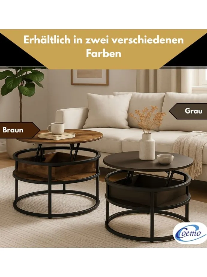 Couchtisch Swing aus Metall mit verstellbarer Holz Tischplatte in Grau