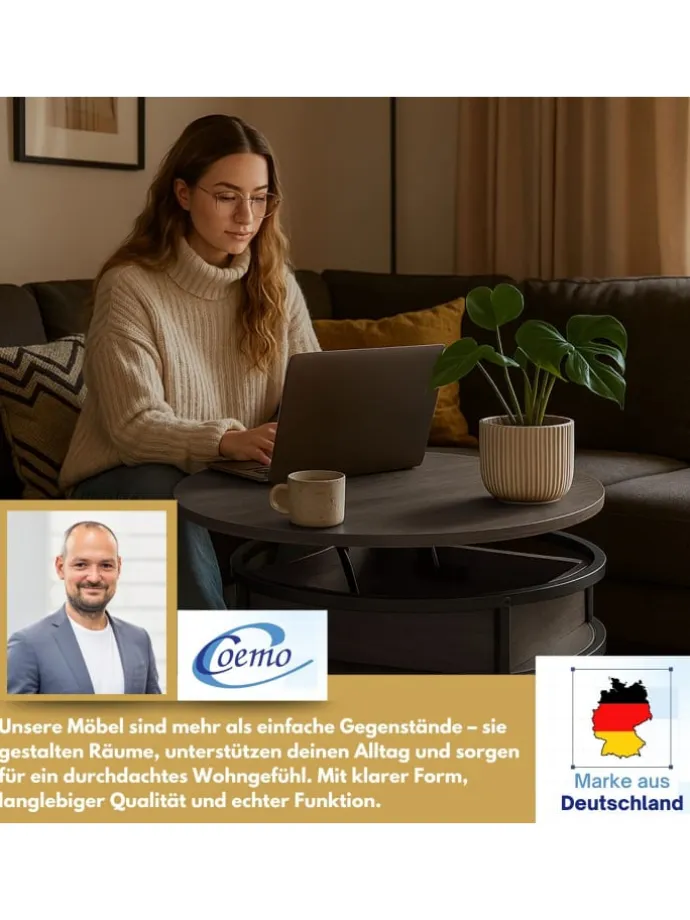 Couchtisch Swing aus Metall mit verstellbarer Holz Tischplatte in Grau