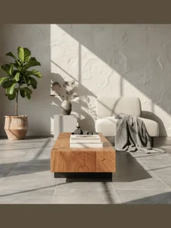 Couchtisch 115x22x44cm Massivholz / Metall Sofatisch, Design