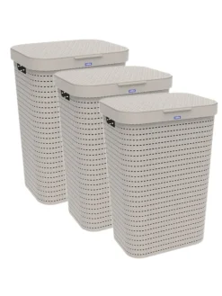 Country 3er-Set Wäschesammler 55l mit Deckel in Cappuccino