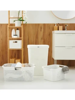 Country Wäschesammler 55l mit Deckel und Tragegriffen in Weiß