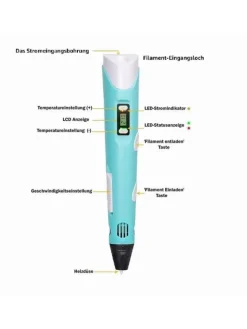 3D Drucker Stift Set Blau für Kinder Erwachsene mit 3 Farben 1.75mm