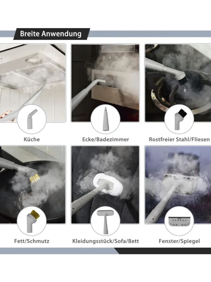 Dampfreiniger 1000W inkl. 10 Zubehör in Grau