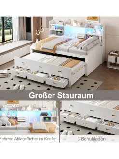 Daybett in Weiß 90x200 cm mit LED USB und 3 Schubladen ohne Matratze