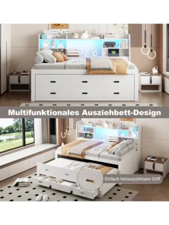Daybett in Weiß 90x200 cm mit LED USB und 3 Schubladen ohne Matratze