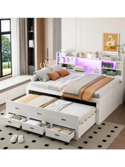 Daybett in Weiß 90x200 cm mit LED USB und 3 Schubladen ohne Matratze