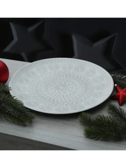 Dekoteller mit Blumenmuster MDF Holz D: 34,5cm in weiß