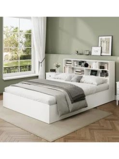 Doppelbett Massivholzbett mit USB-Anschluss und Stauraum 140x200cm in Weiß