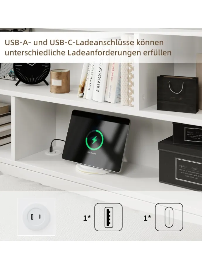 Doppelbett Massivholzbett mit USB-Anschluss und Stauraum 140x200cm in Weiß