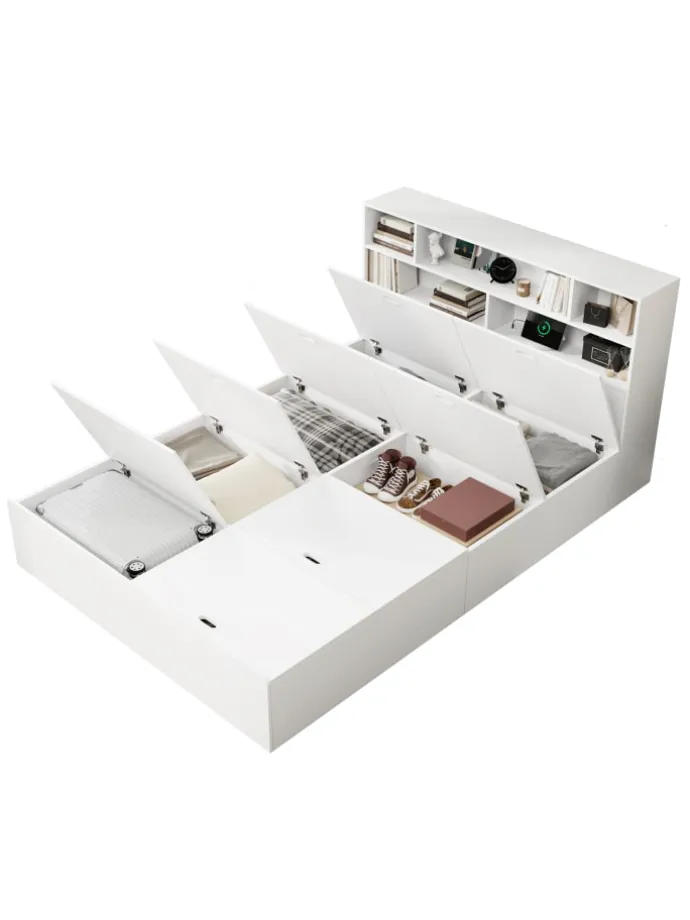 Doppelbett Massivholzbett mit USB-Anschluss und Stauraum 140x200cm in Weiß