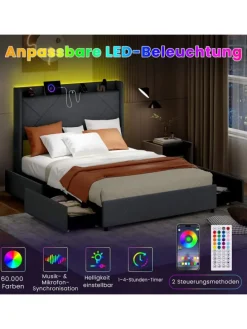 Doppelbettgestell inkl. LED 200 x 140 cm in Grau