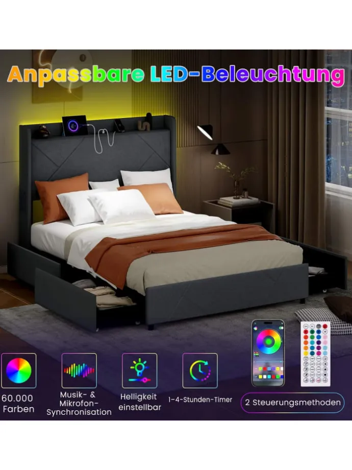 Doppelbettgestell inkl. LED 200 x 140 cm in Grau