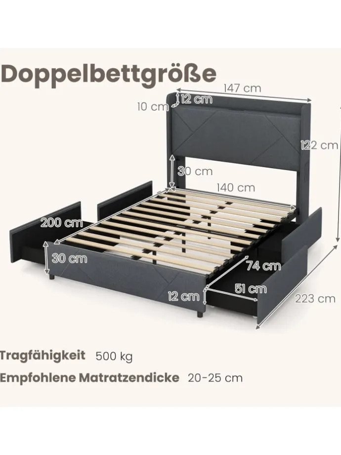 Doppelbettgestell inkl. LED 200 x 140 cm in Grau