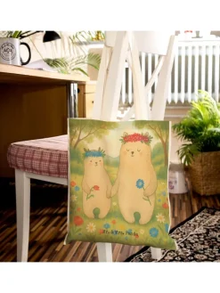 Einkaufstasche Bären mit Blumenkranz Design ohn... in Weiß