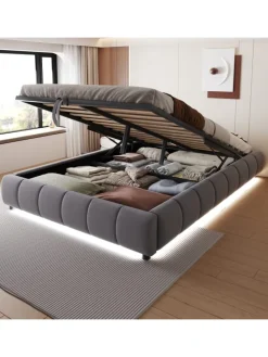 Einzelbett 140 x 200 cm Schwebebettrahmen mit Stauraum und LED-Lichtleiste, Grau