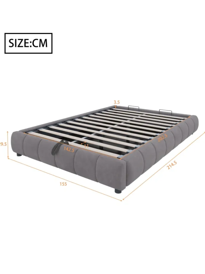 Einzelbett 140 x 200 cm Schwebebettrahmen mit Stauraum und LED-Lichtleiste, Grau