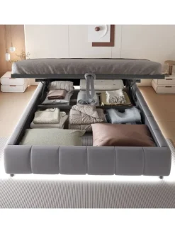 Einzelbett 140 x 200 cm Schwebebettrahmen mit Stauraum und LED-Lichtleiste, Grau