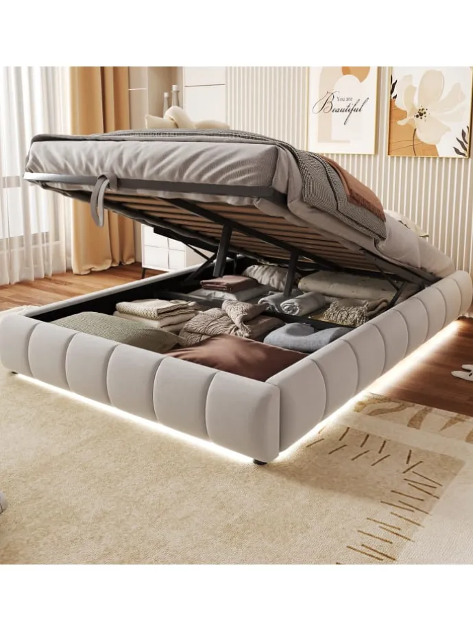 Einzelbett 140 x 200 cm Schwebebettrahmen mit Stauraum und LED Lichtleiste, Beige