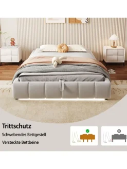 Einzelbett 140 x 200 cm Schwebebettrahmen mit Stauraum und LED Lichtleiste, Beige
