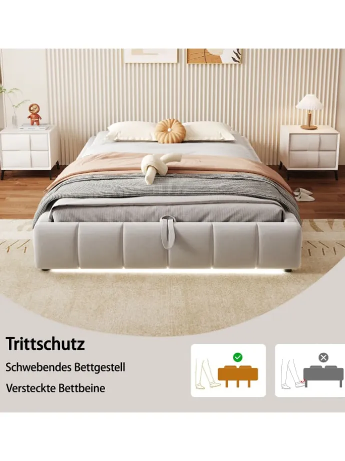 Einzelbett 140 x 200 cm Schwebebettrahmen mit Stauraum und LED Lichtleiste, Beige