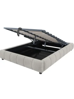 Einzelbett 140 x 200 cm Schwebebettrahmen mit Stauraum und LED Lichtleiste, Beige