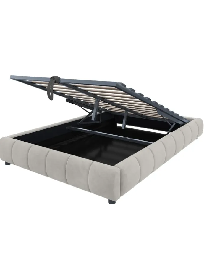 Einzelbett 140 x 200 cm Schwebebettrahmen mit Stauraum und LED Lichtleiste, Beige