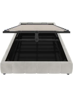 Einzelbett 140 x 200 cm Schwebebettrahmen mit Stauraum und LED Lichtleiste, Beige