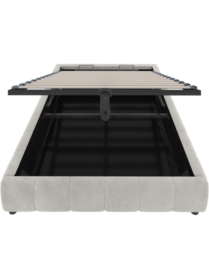 Einzelbett 140 x 200 cm Schwebebettrahmen mit Stauraum und LED Lichtleiste, Beige