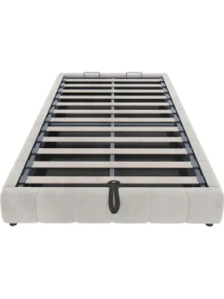 Einzelbett 140 x 200 cm Schwebebettrahmen mit Stauraum und LED Lichtleiste, Beige