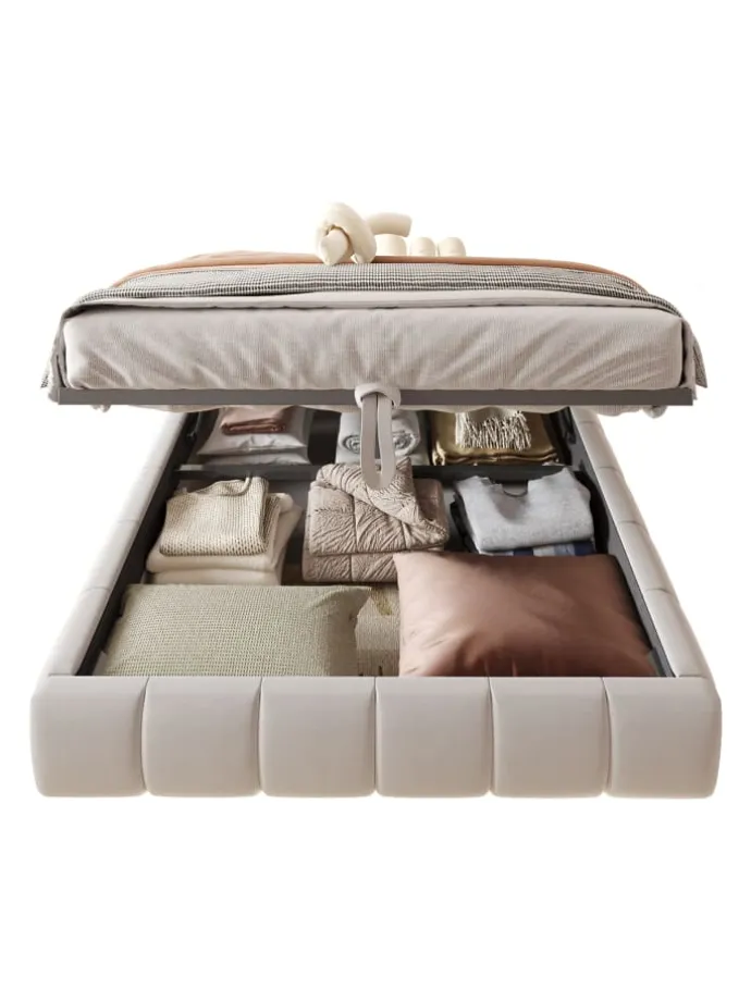 Einzelbett 140 x 200 cm Schwebebettrahmen mit Stauraum und LED Lichtleiste, Beige