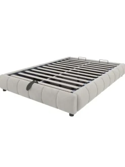 Einzelbett 140 x 200 cm Schwebebettrahmen mit Stauraum und LED Lichtleiste, Beige